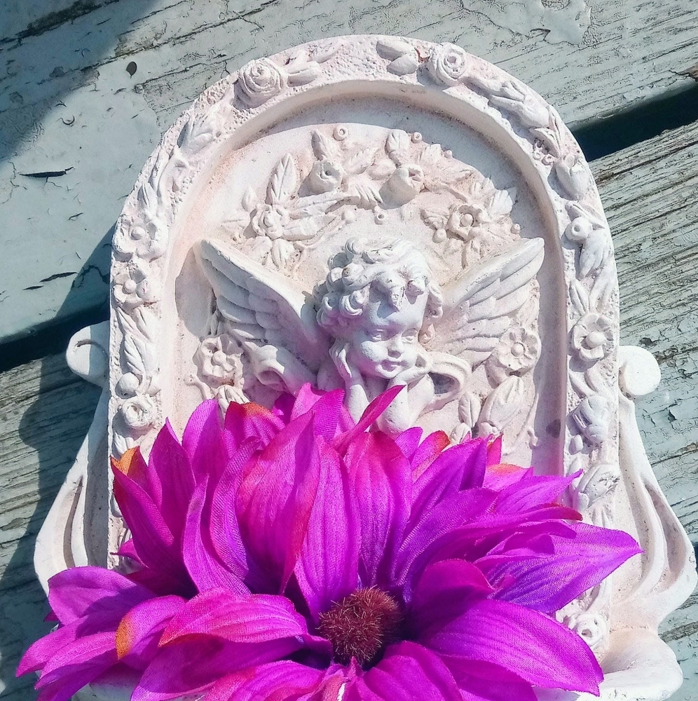 Antique Shabby Chic Cement Cherub Wall Sconce Decor